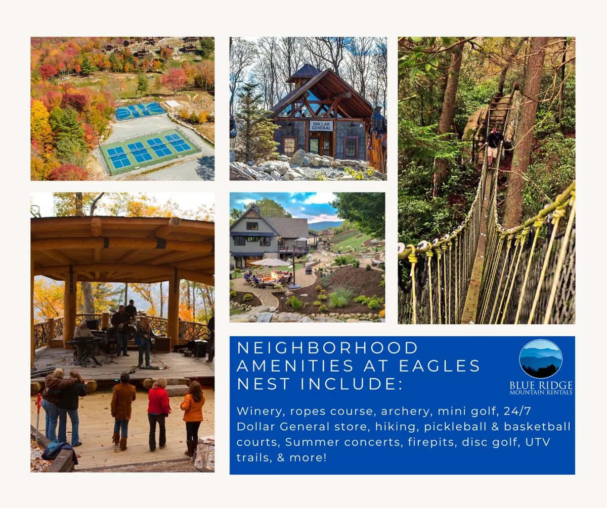 This vibrant exterior image features several signature Eagles Nest amenities: an outdoor concert area, a mini golf course, winery, ropes course, bridges, and winding nature trails. The scene is lively, with spaces designed for music events, outdoor games, and relaxation against a backdrop of lush greenery.